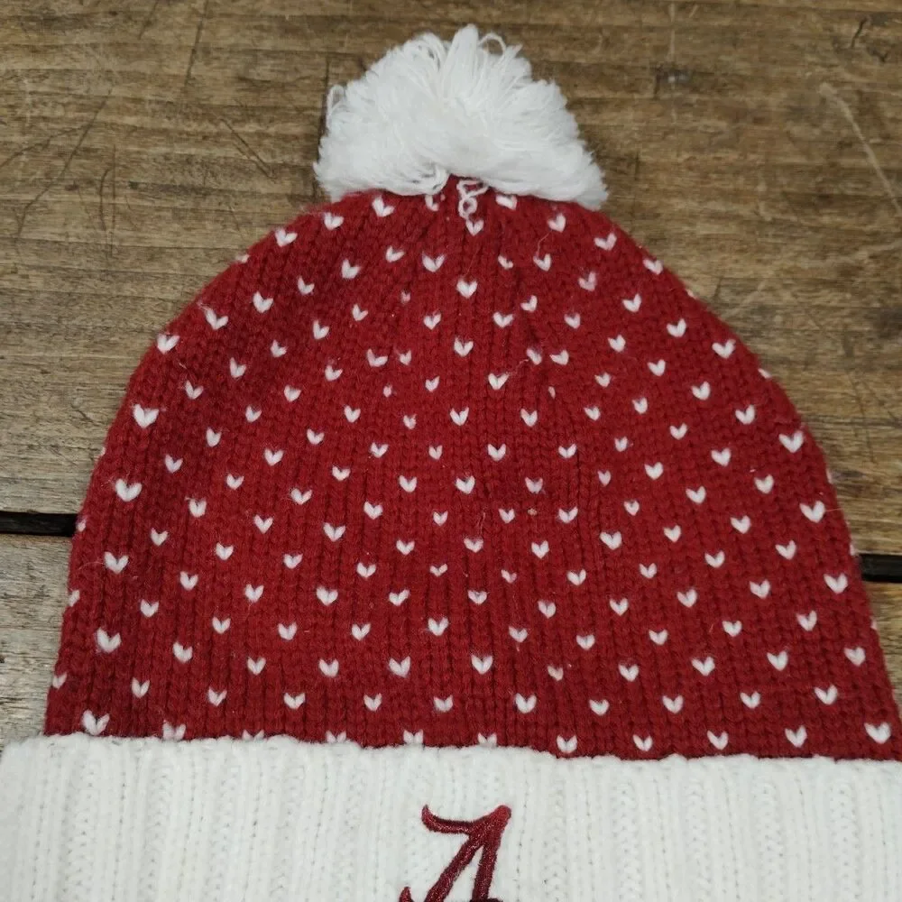 NIKE Alabama Crimson Tide Football Knit Pom Cap White Red Heart Winter One Size